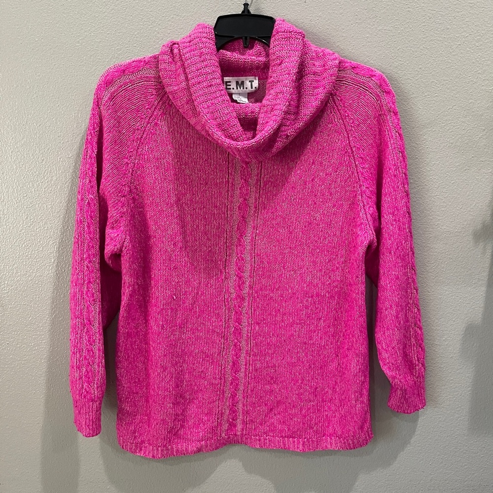 Vintage E.M.T. Hot Pink Cowl neck Silk Angora Lambswool Blend Cable knit Sweater